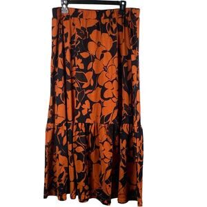 Susan Graver Skirt Womens Large Petite LP Black Orange Floral Long Tiered Fall
